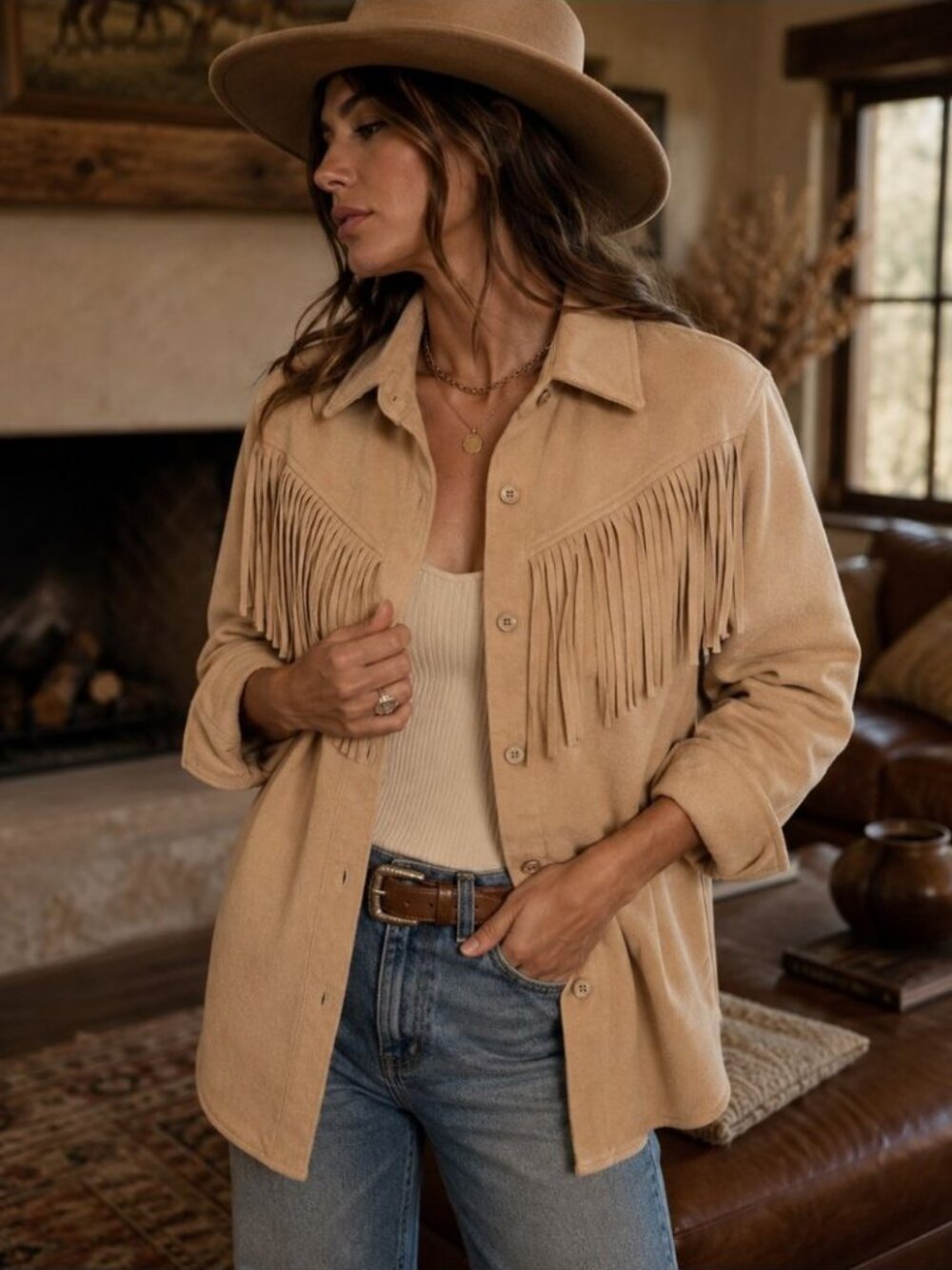Papillon Fringe Shacket Beige XS Western Boho Overshirt Ranch Festival Chic